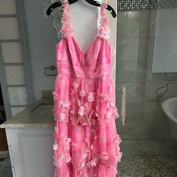 MARCHESA NOTTE Pleated Tiered Tulle Gown with 3D Flowers Blush Pink - Picture 4 of 12